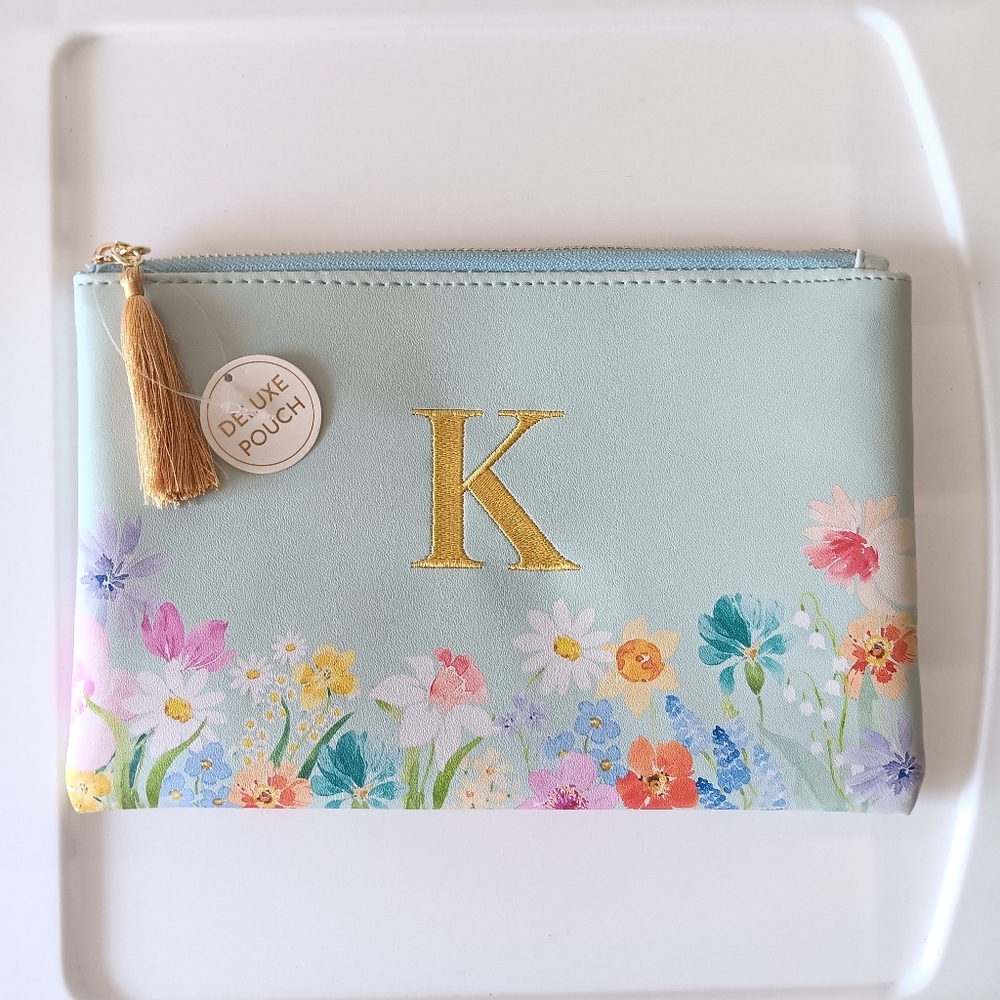 New HeatherLee Chan K Cosmetics Bag Floral Light Blue Gold Tassle 9" Width